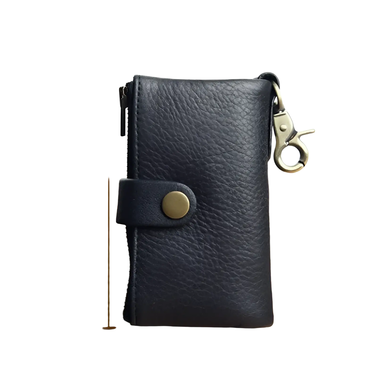 Black leather key chain wallet for men with textured surface brass-toned metal clasp and button closure