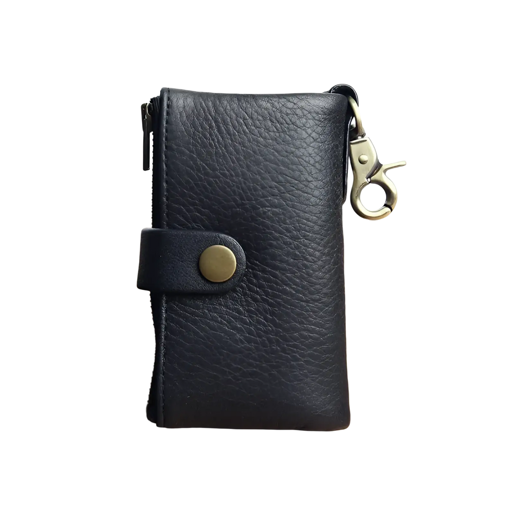 Black leather key chain wallet for men with brass button closure and matching metal clasp for secure carrying