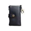 Black leather key chain wallet for men with brass button closure and matching metal clasp for secure carrying