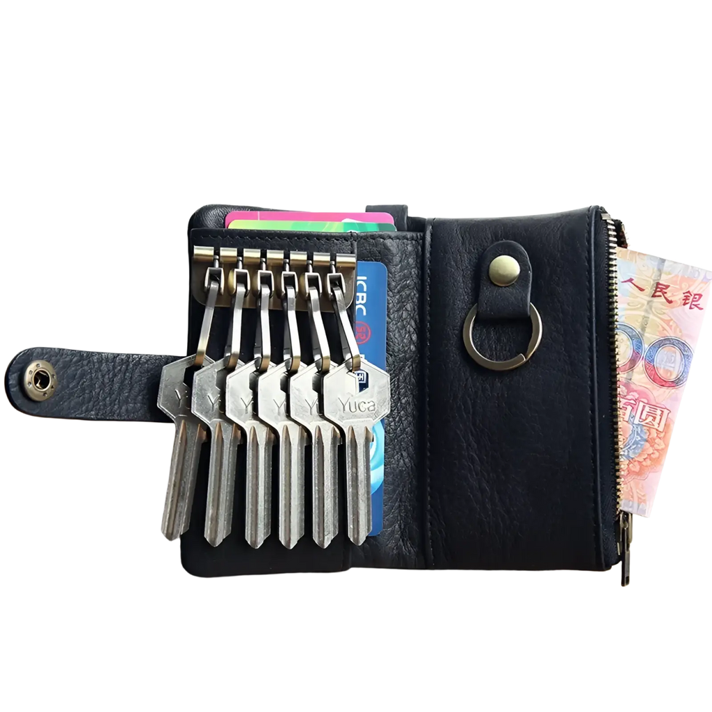 Black leather key chain wallet for men with brass hardware and multiple silver keys attached