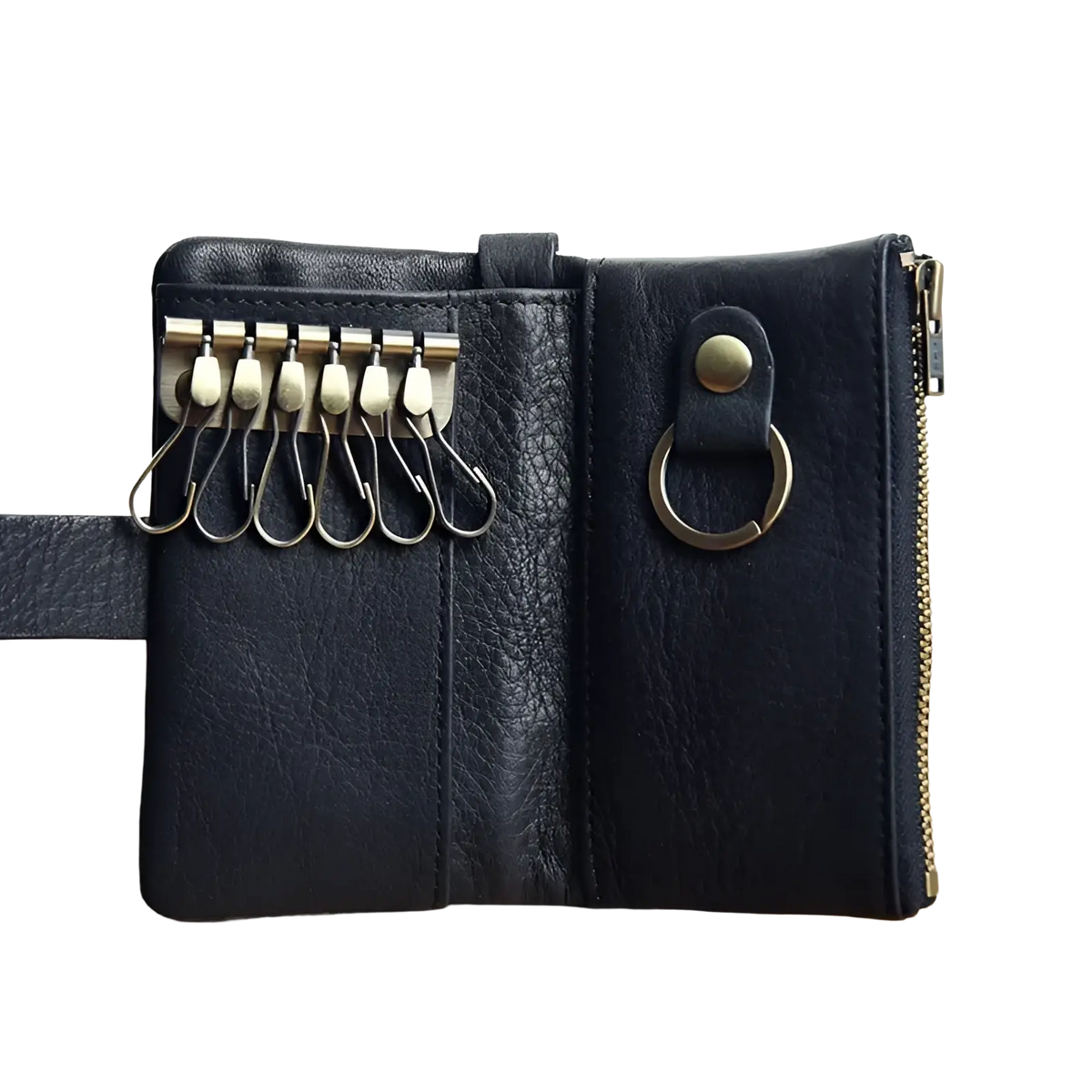 Black leather key chain wallet for men with brass-colored metal hooks and zipper for secure storage