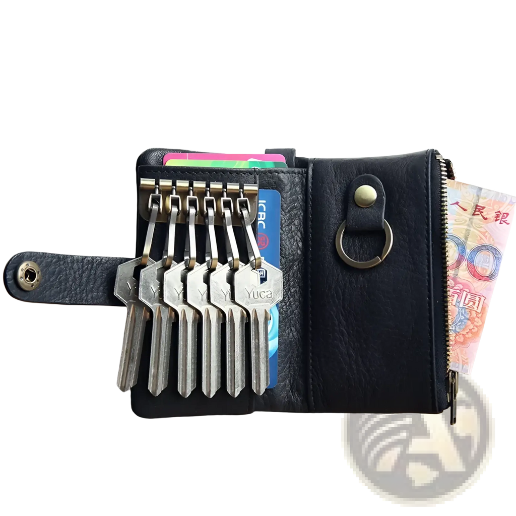 Black leather key chain wallet for men with brass hardware and multiple silver keys attached
