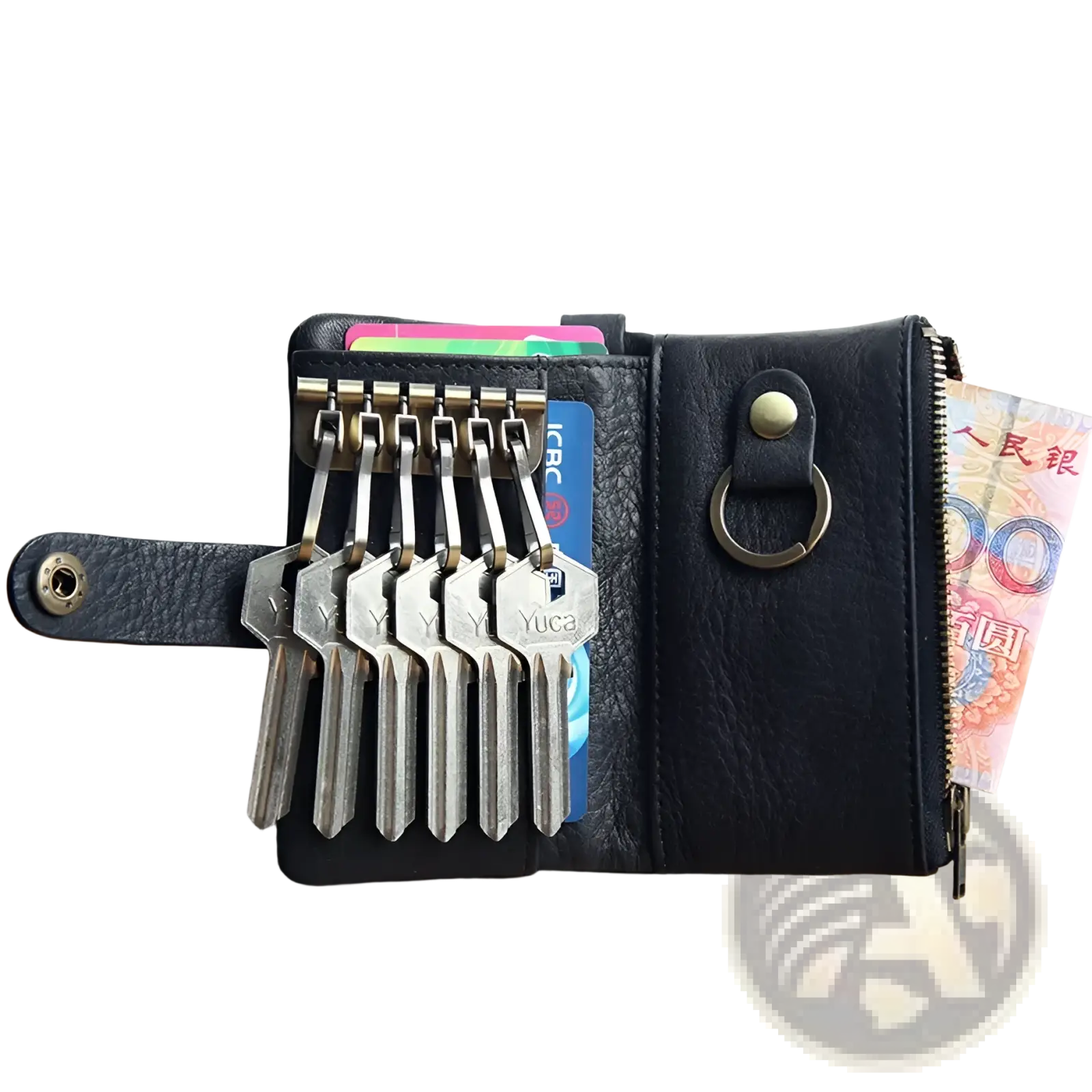 Black leather key chain wallet for men with brass hardware and multiple silver keys attached