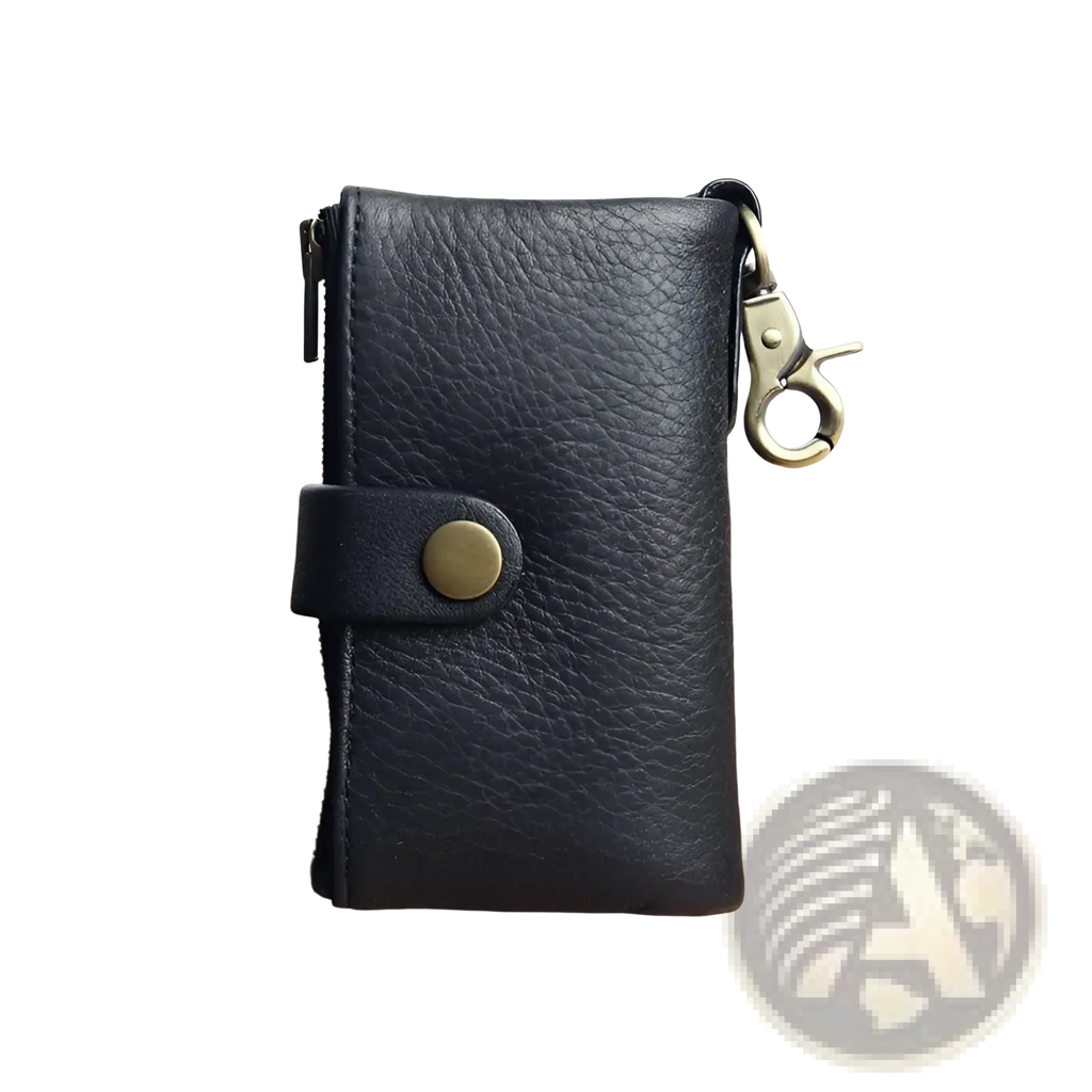 Black leather key chain wallet for men with brass button closure and matching metal clasp for secure carrying