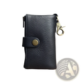 Black leather key chain wallet for men with brass button closure and matching metal clasp for secure carrying