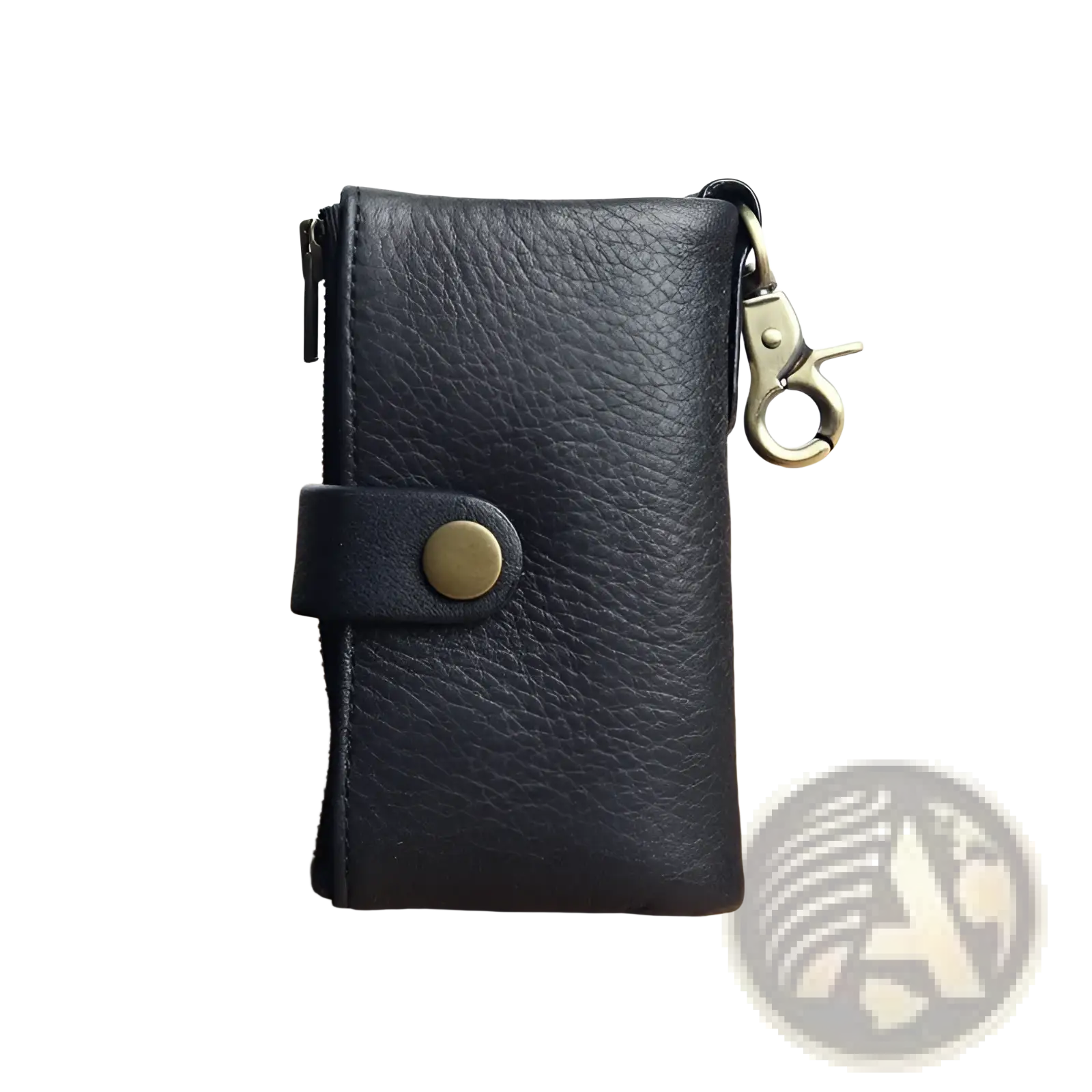 Black leather key chain wallet for men with brass button closure and matching metal clasp for secure carrying