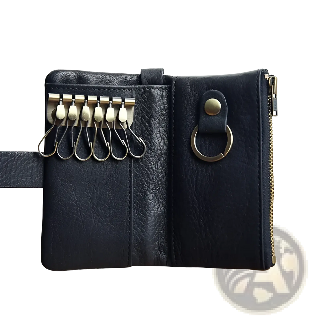 Black leather key chain wallet for men with brass-colored metal hooks and zipper for secure storage