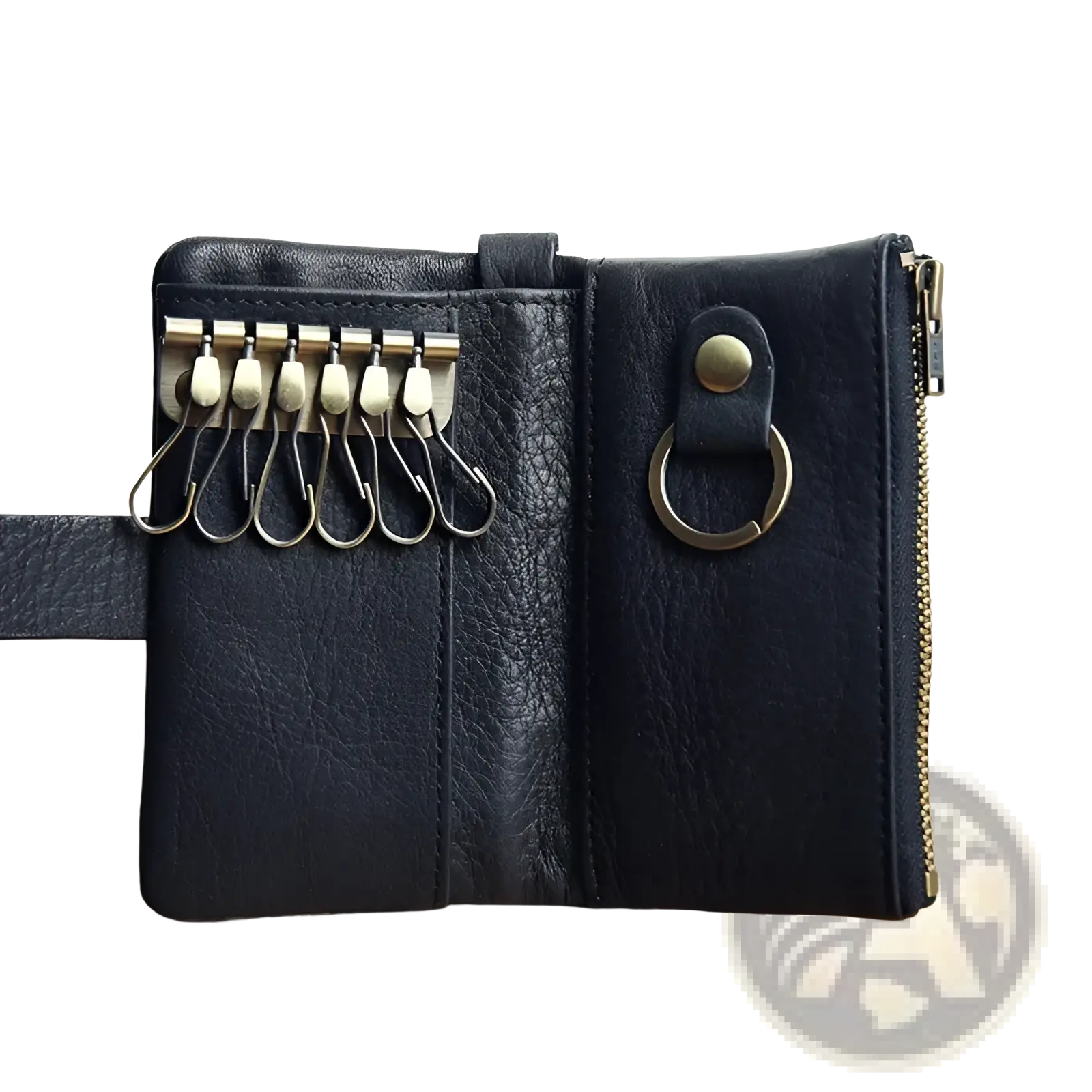 Black leather key chain wallet for men with brass-colored metal hooks and zipper for secure storage