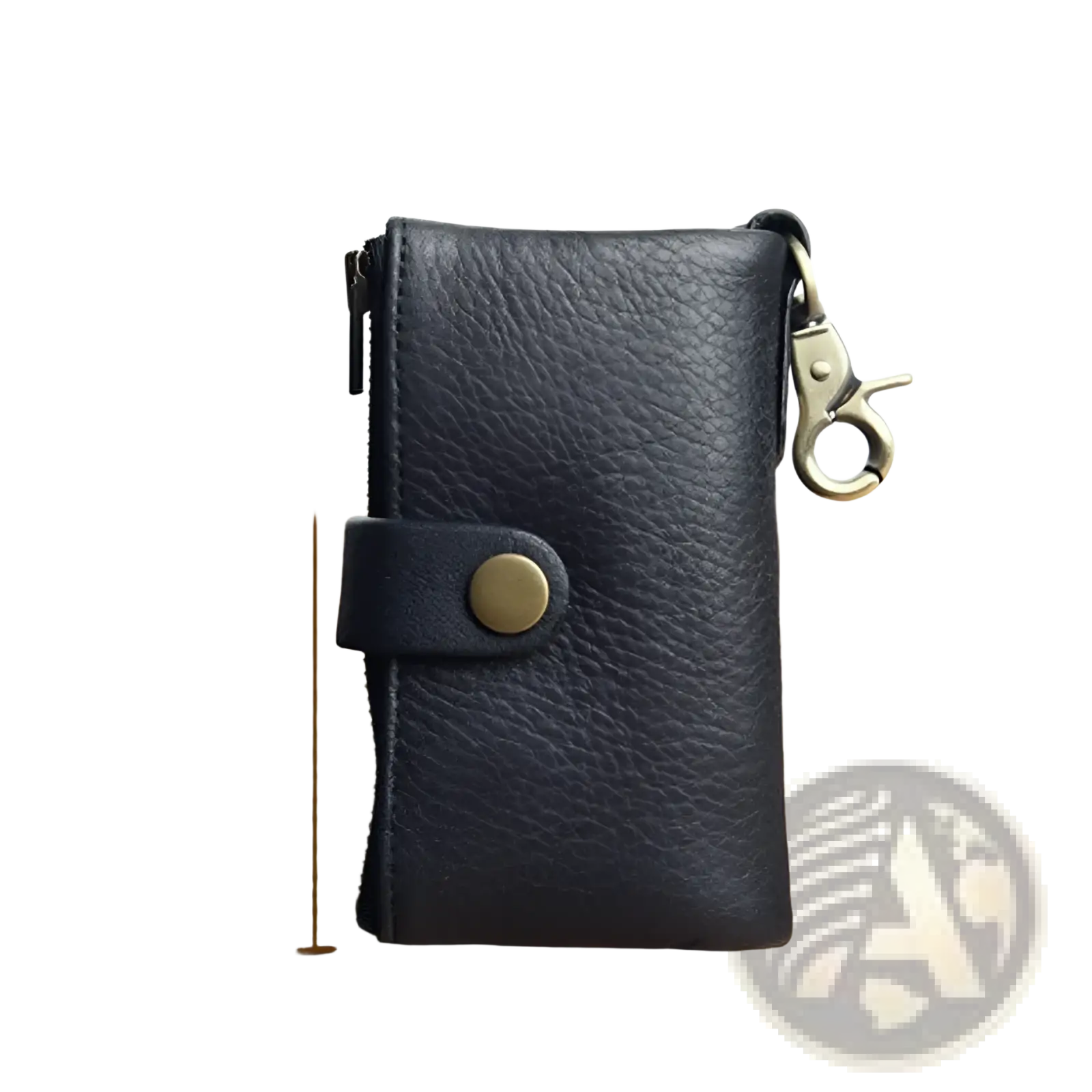 Black leather key chain wallet for men with textured surface brass-toned metal clasp and button closure