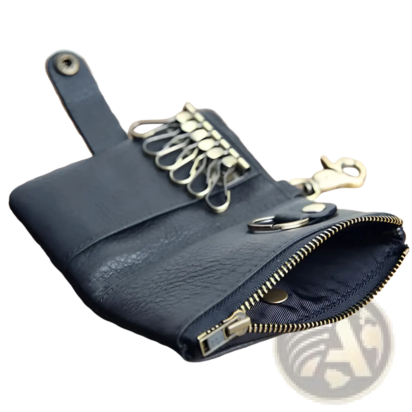 Black leather key chain wallet for men with brass-colored metal rings and zipper pull for organized keys
