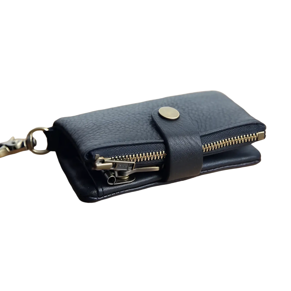 Black textured leather key chain wallet for men with gold-toned zipper and metal clasp for secure carrying