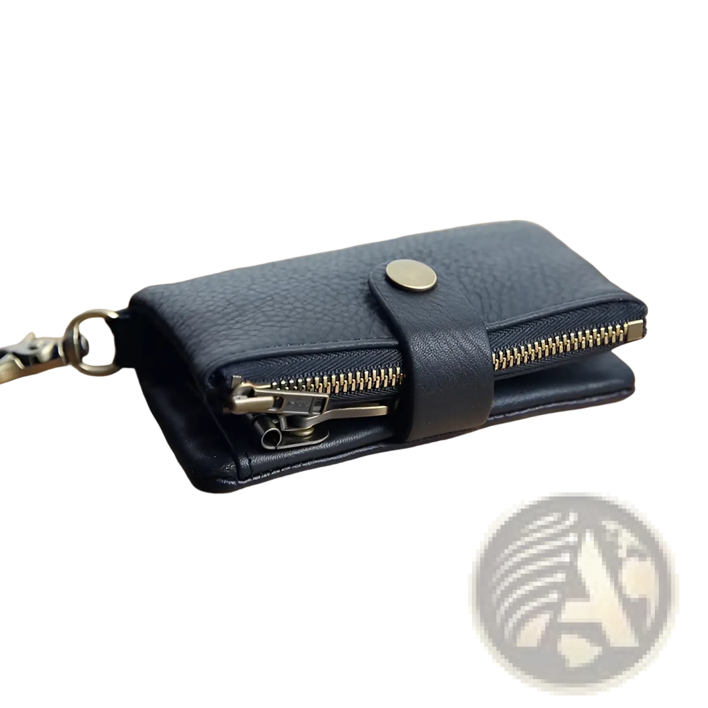 Black textured leather key chain wallet for men with gold-toned zipper and metal clasp for secure carrying