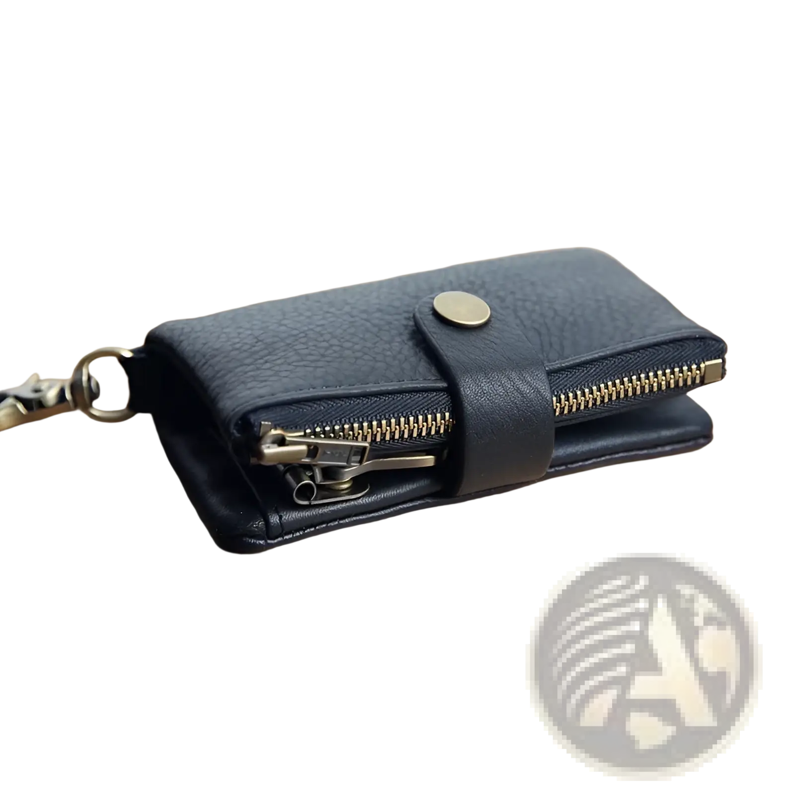 Black textured leather key chain wallet for men with gold-toned zipper and metal clasp for secure carrying