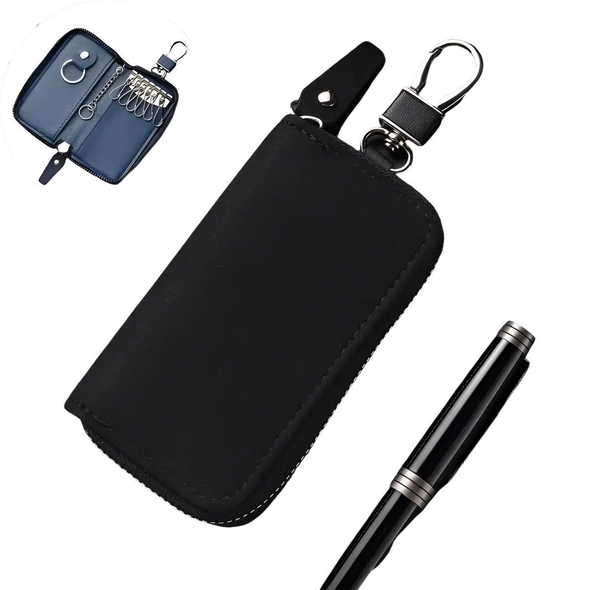 Black leather key holder organizer pouch with silver stitching and metal carabiner clip for secure key storage