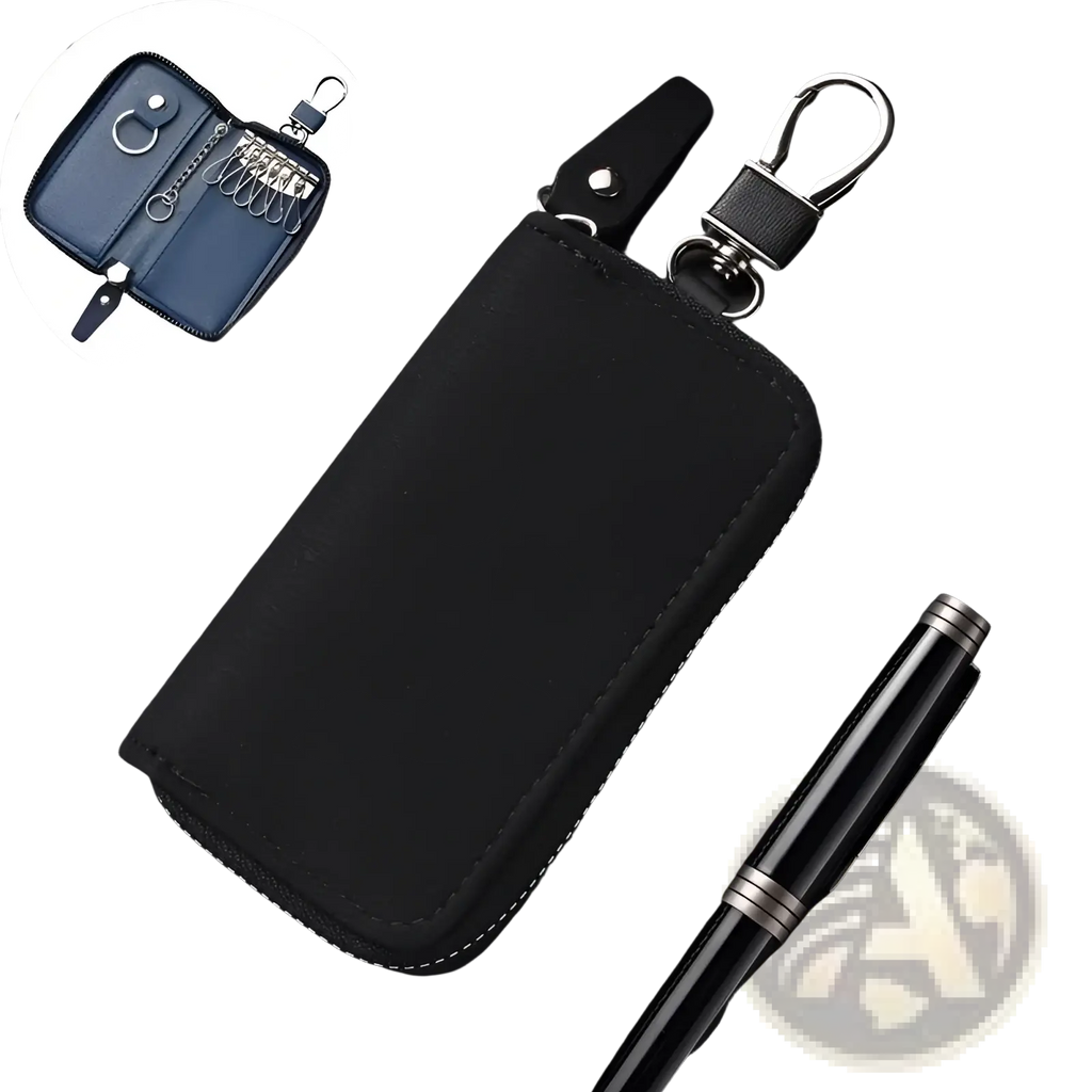 Black leather key holder organizer pouch with silver stitching and metal carabiner clip for secure key storage
