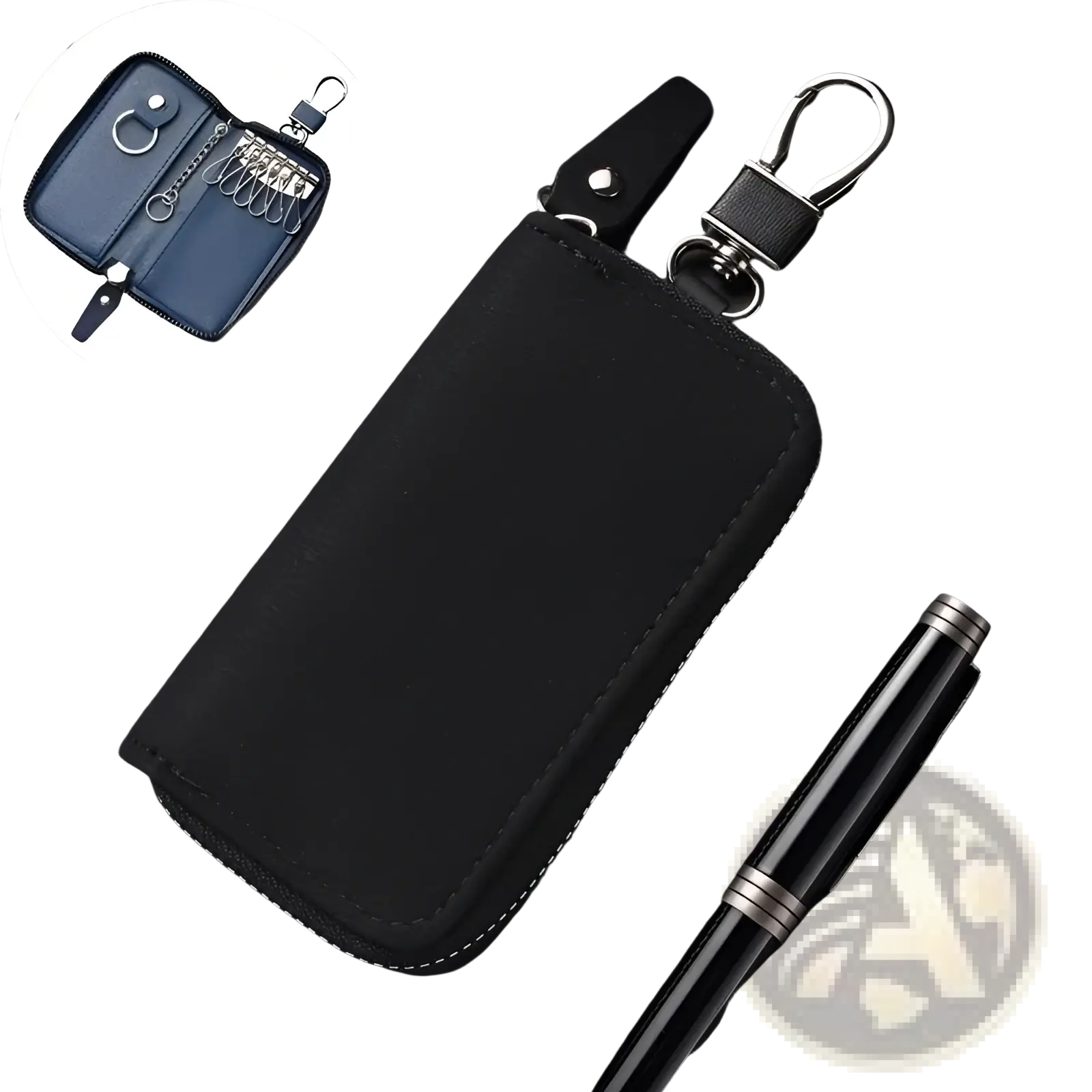 Black leather key holder organizer pouch with silver stitching and metal carabiner clip for secure key storage