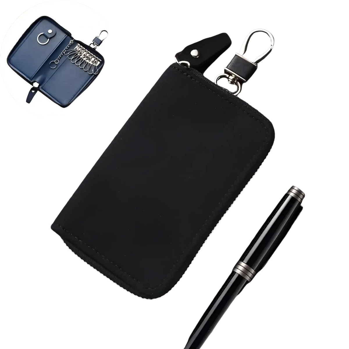 Black leather key holder organizer pouch with silver-toned metal hardware and detachable clip for keys
