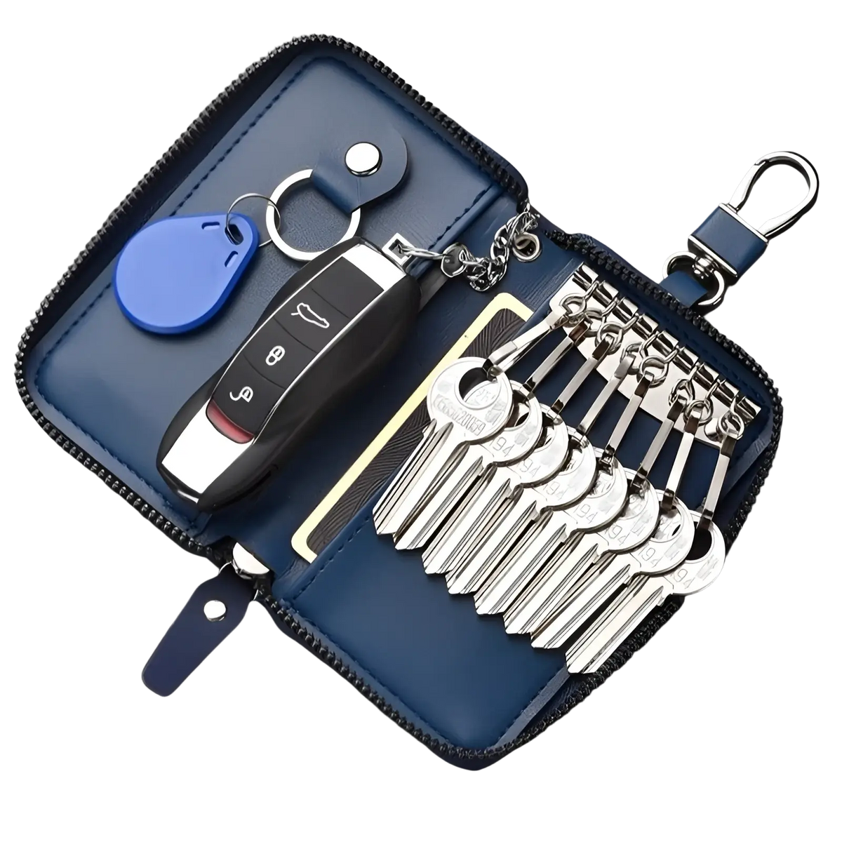 Blue leather key holder organizer pouch with zipper holding car remote and multiple silver keys