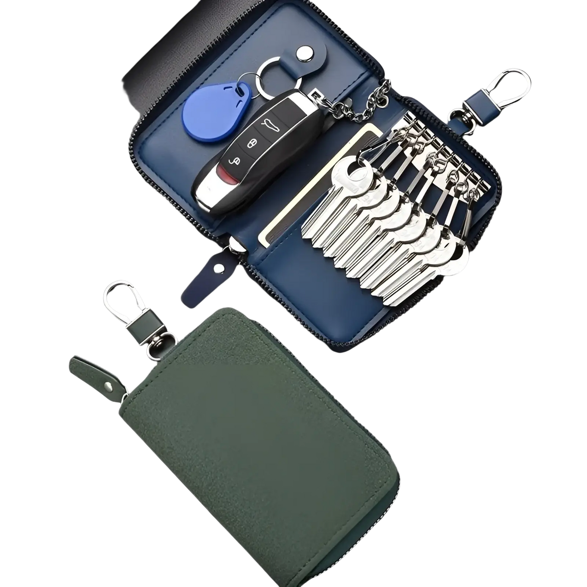 Blue leather key holder organizer pouch with zipper containing a car remote and multiple silver keys