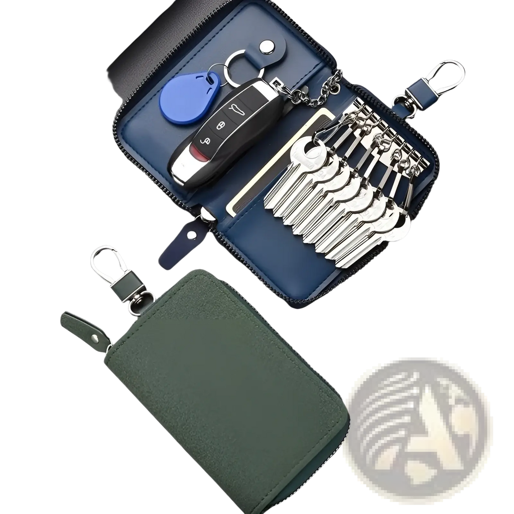 Blue leather key holder organizer pouch with zipper containing a car remote and multiple silver keys