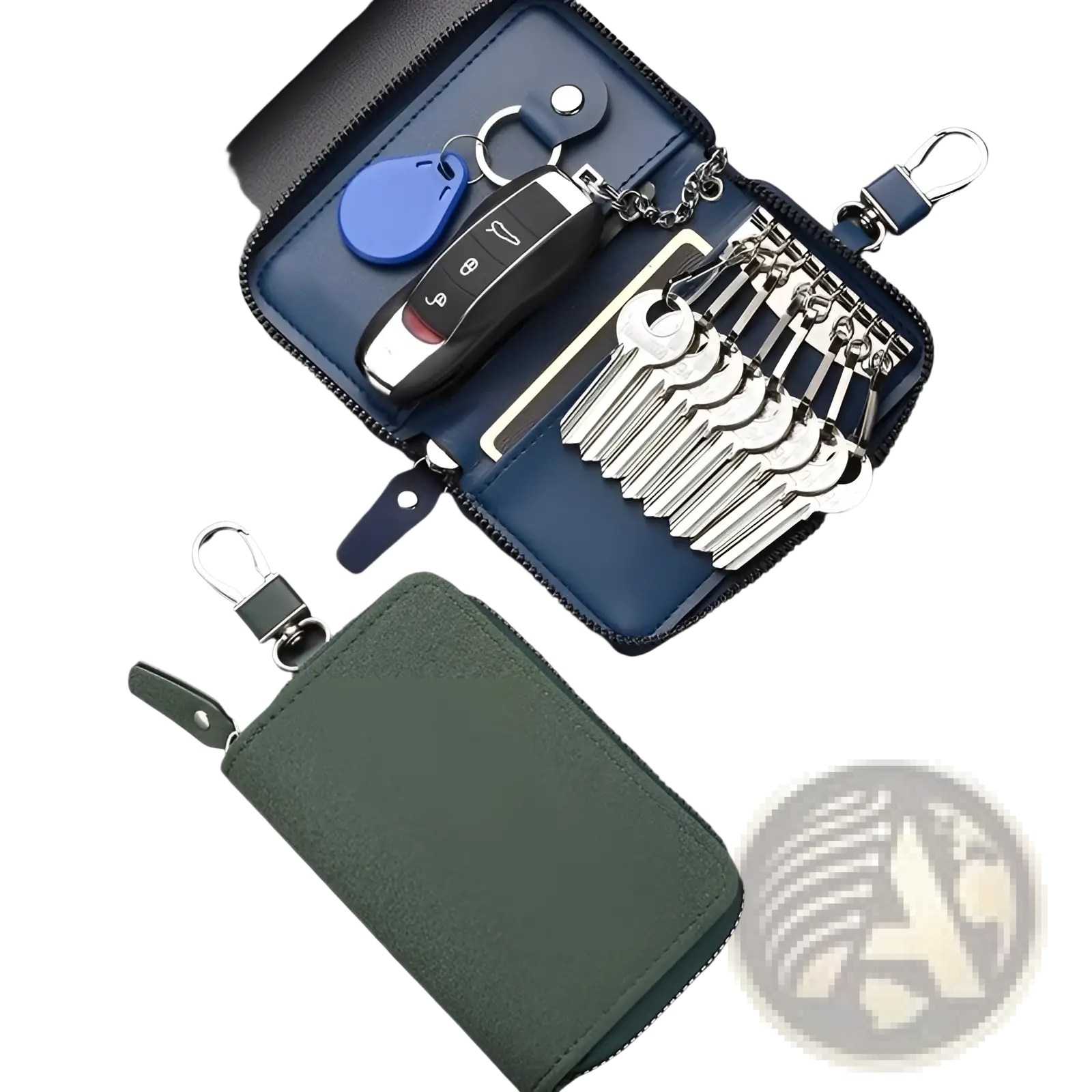Blue leather key holder organizer pouch with zipper containing a car remote and multiple silver keys