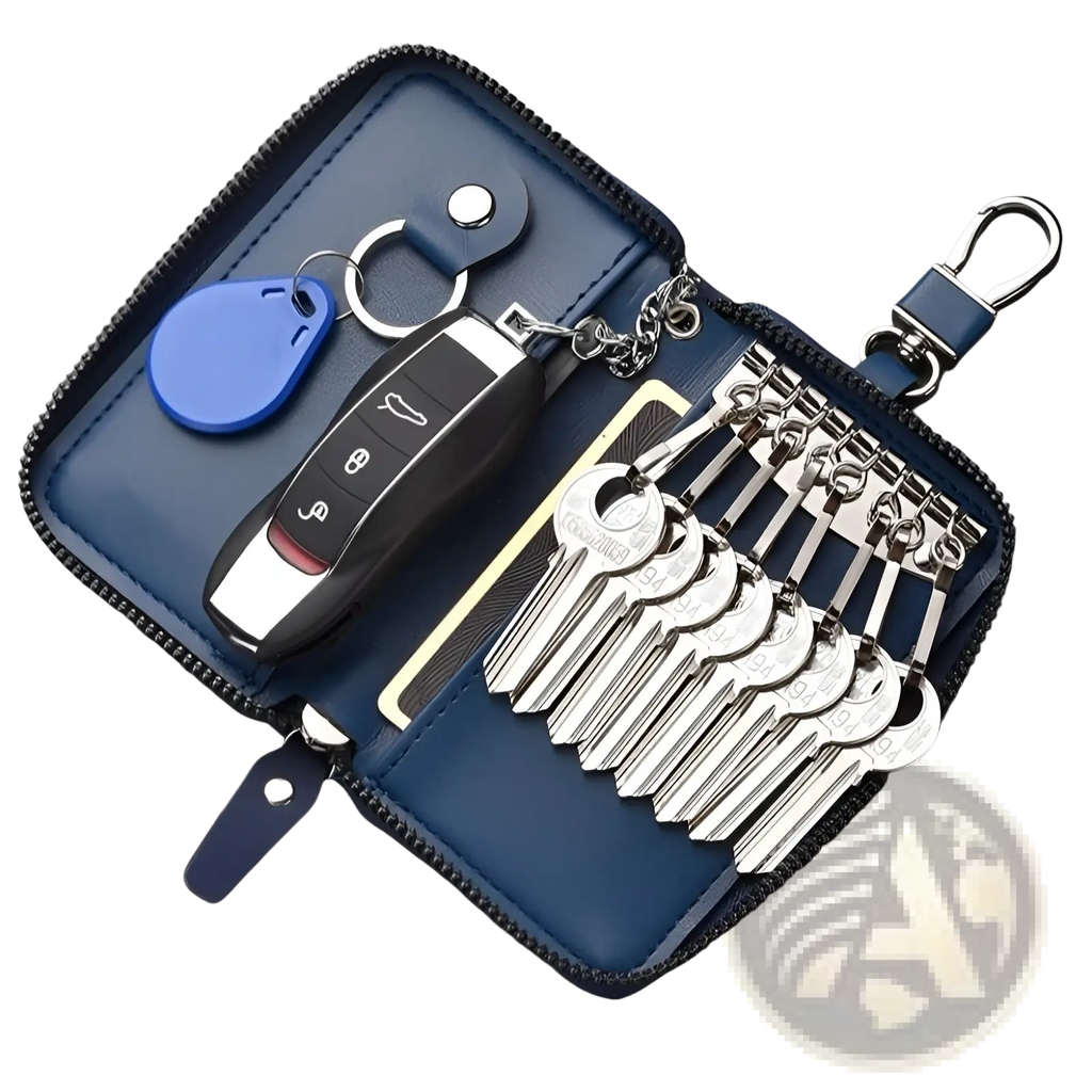 Blue leather key holder organizer pouch with zipper holding car remote and multiple silver keys
