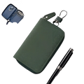 Dark green suede leather key holder organizer pouch with silver-toned metal clasp and zipper pull