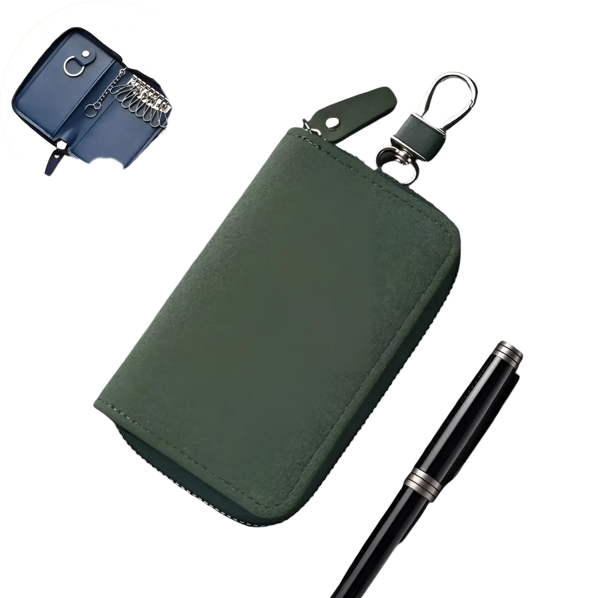Dark green suede leather key holder organizer pouch with silver-toned metal clasp and zipper pull