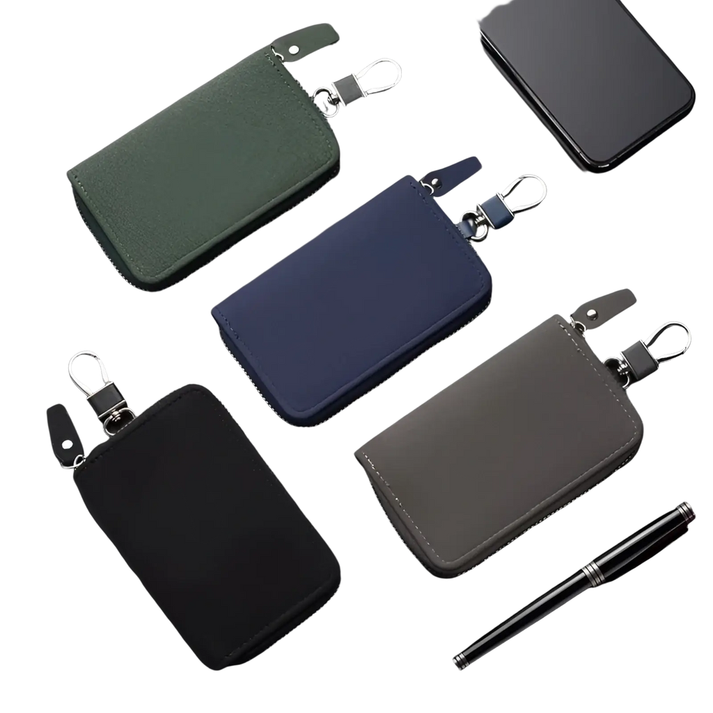 Leather key holder organizer pouch in dark green navy blue black and gray fabric with zippered closure and carabiner clips