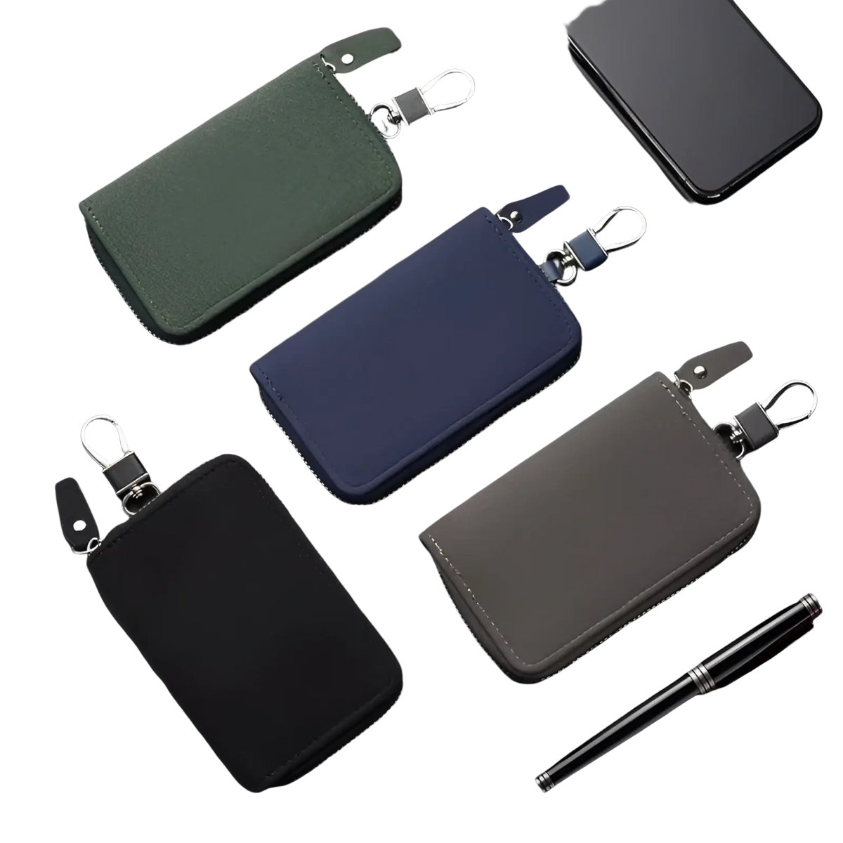 Leather key holder organizer pouch in dark green navy blue black and gray fabric with zippered closure and carabiner clips
