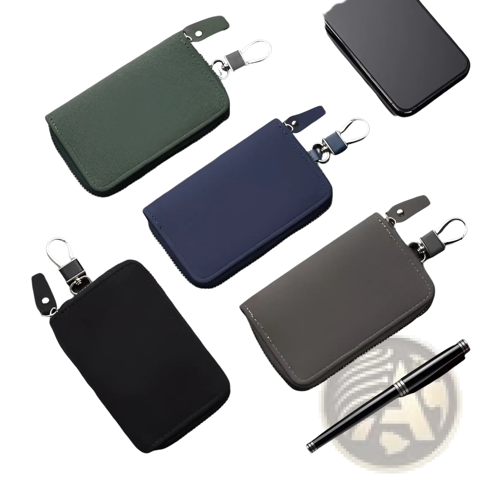 Leather key holder organizer pouch in dark green navy blue black and gray fabric with zippered closure and carabiner clips