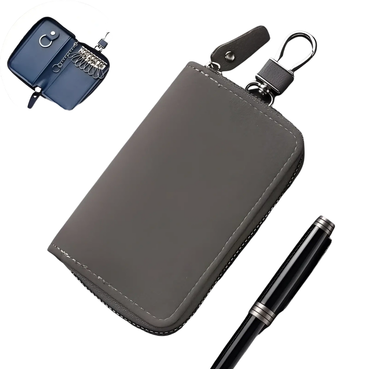 Gray suede leather key holder organizer pouch with silver-toned zipper and metal carabiner clip for secure storage