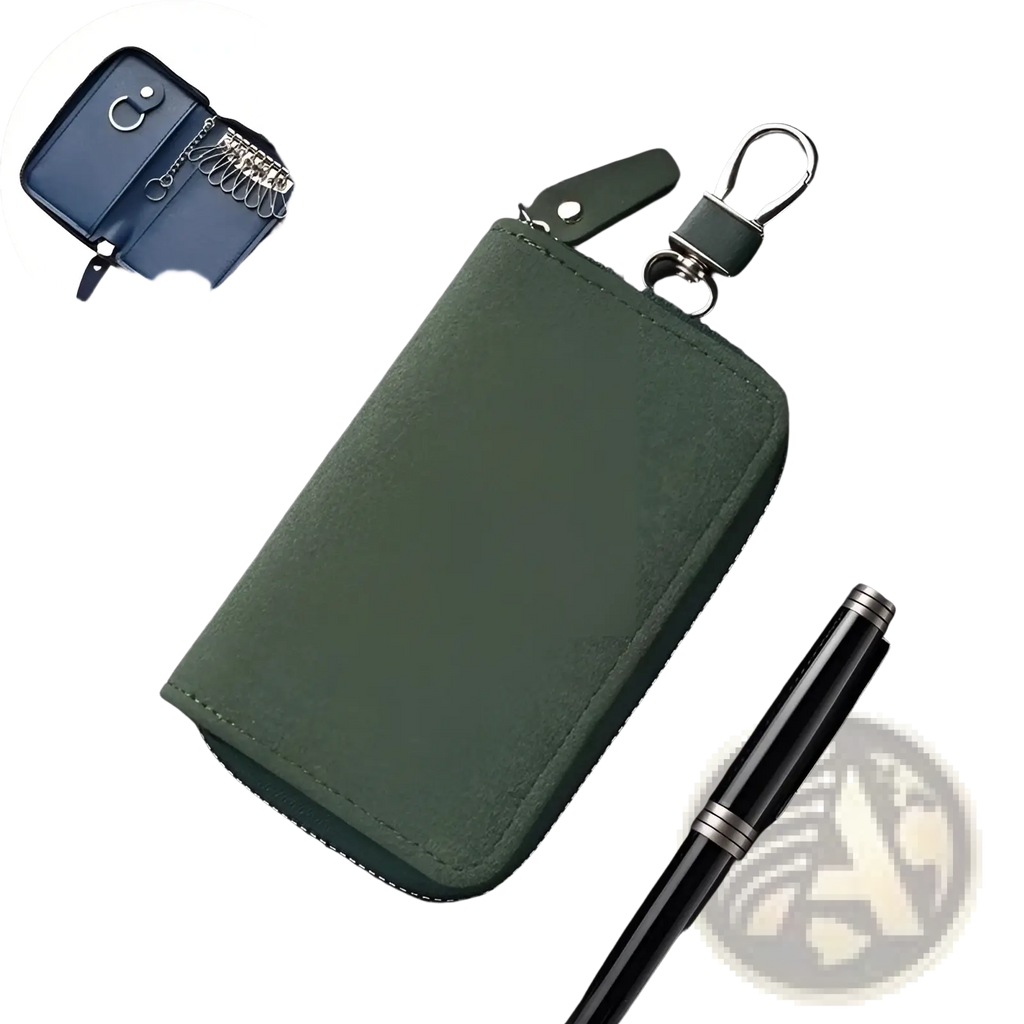 Dark green suede leather key holder organizer pouch with silver-toned metal clasp and zipper pull
