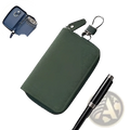 Dark green suede leather key holder organizer pouch with silver-toned metal clasp and zipper pull