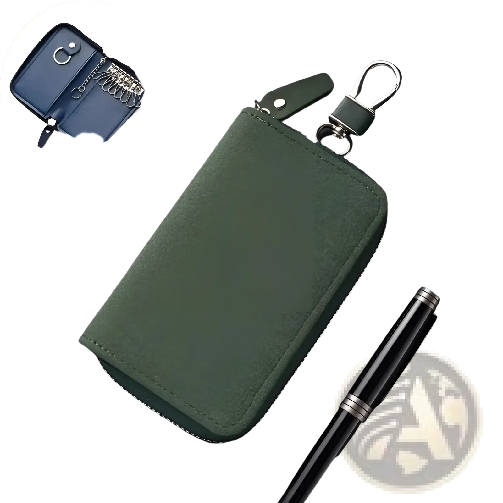 Dark green suede leather key holder organizer pouch with silver-toned metal clasp and zipper pull