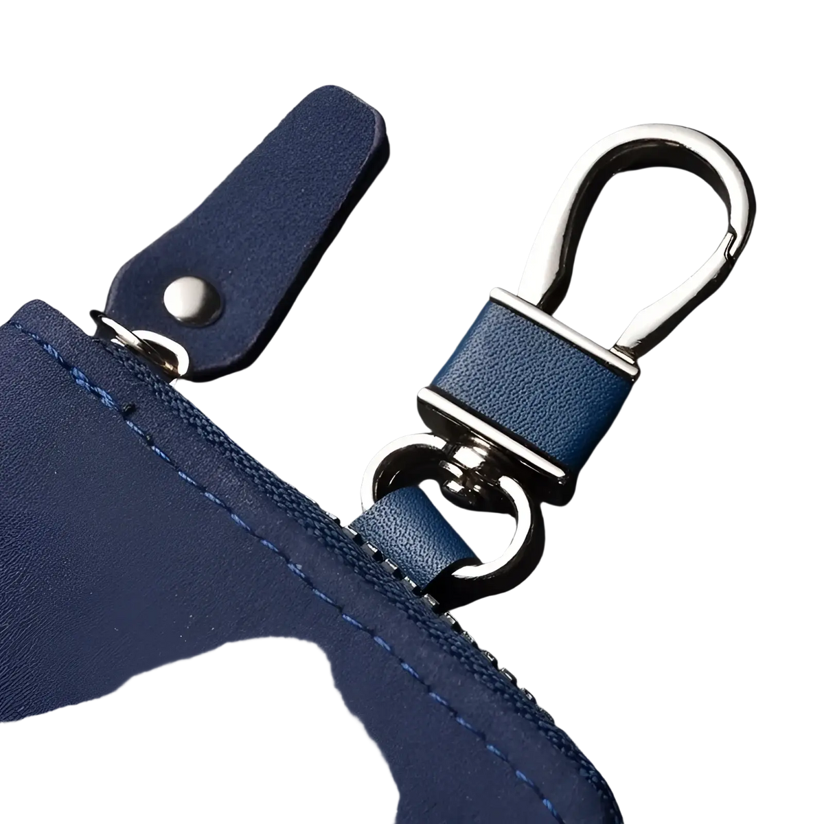 Navy blue leather key holder organizer pouch with silver metal carabiner and zipper pull for secure key storage