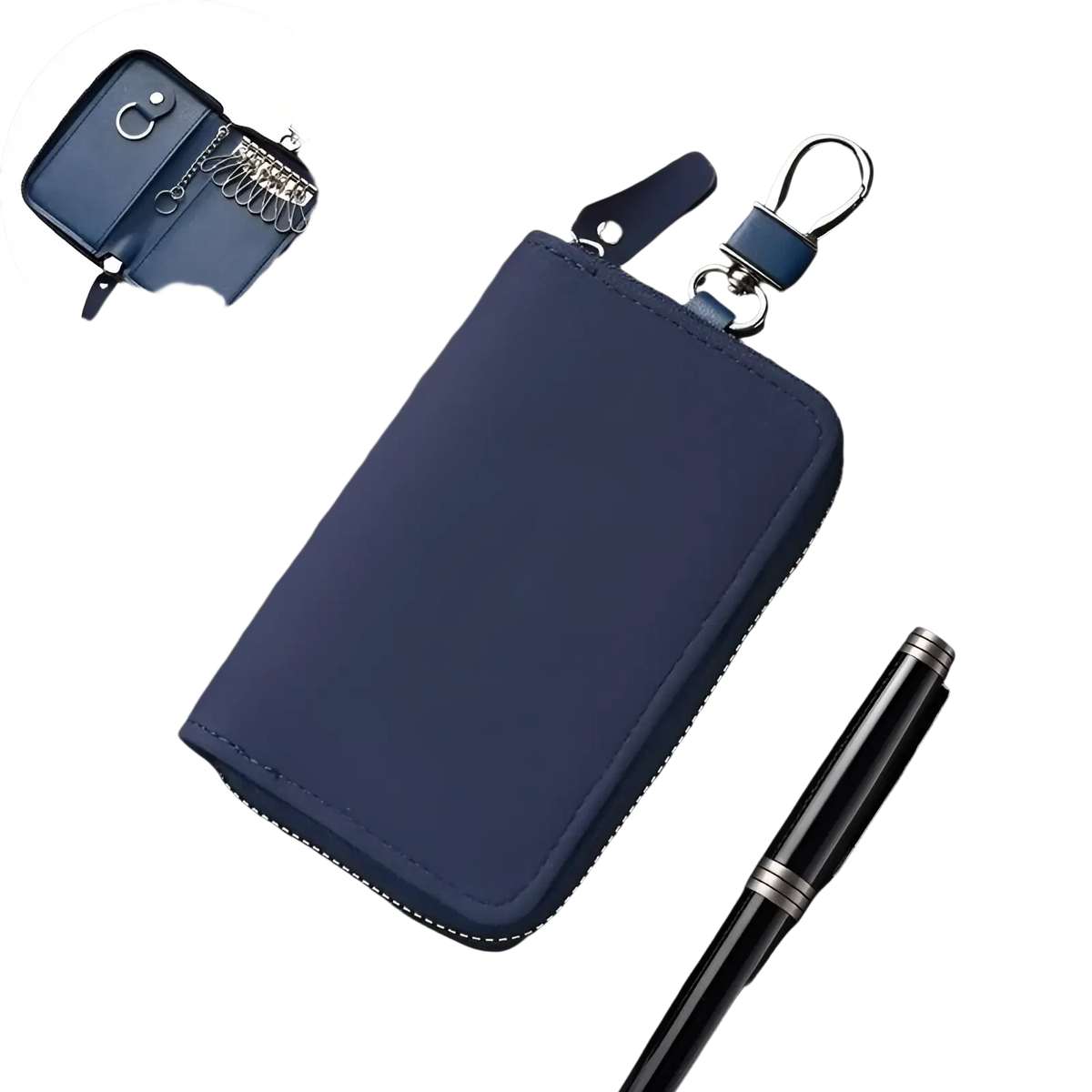 Leather key holder organizer pouch in navy blue fabric with silver zipper and metal carabiner clip for secure storage
