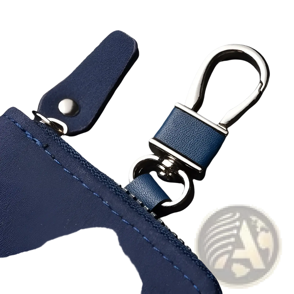 Navy blue leather key holder organizer pouch with silver metal carabiner and zipper pull for secure key storage