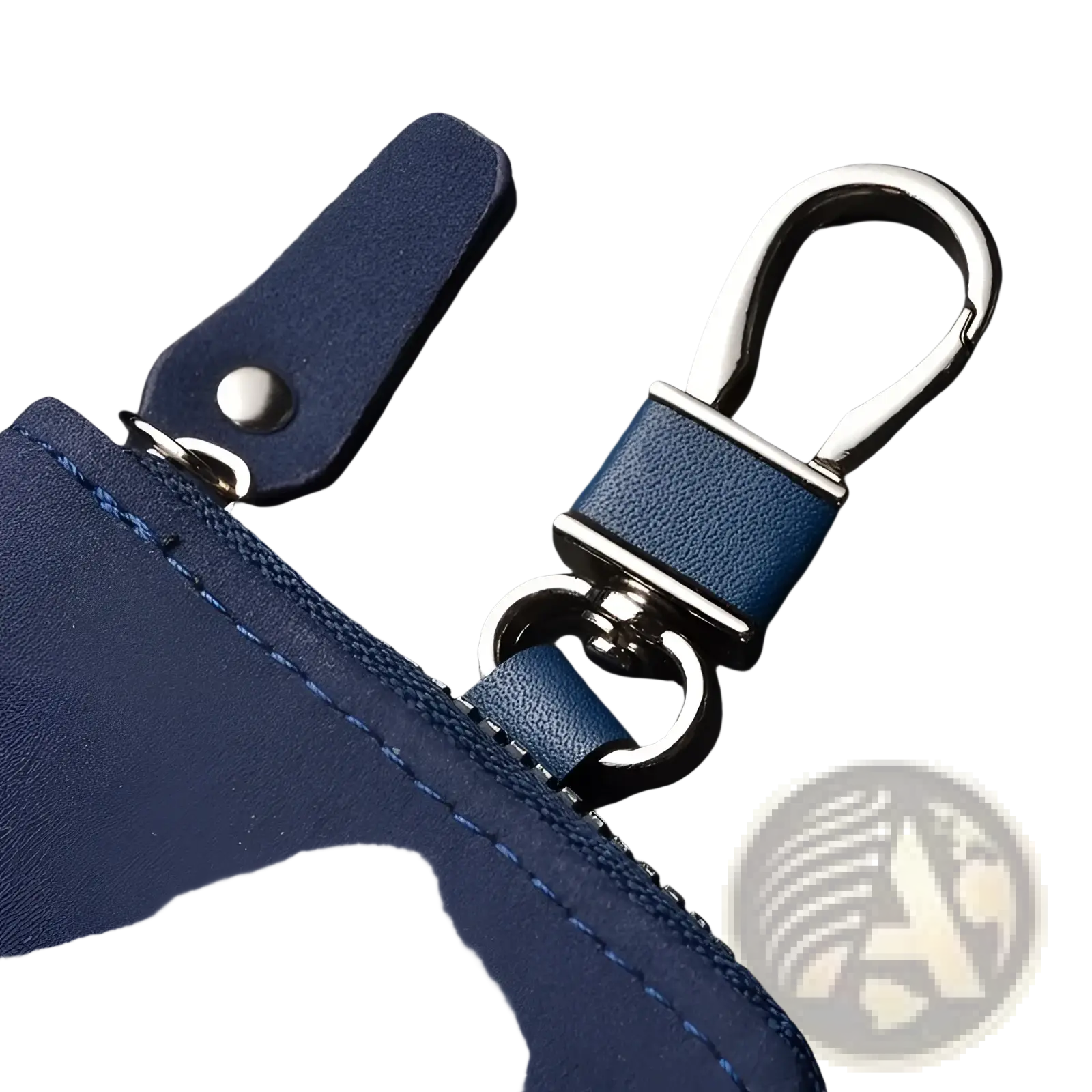 Navy blue leather key holder organizer pouch with silver metal carabiner and zipper pull for secure key storage
