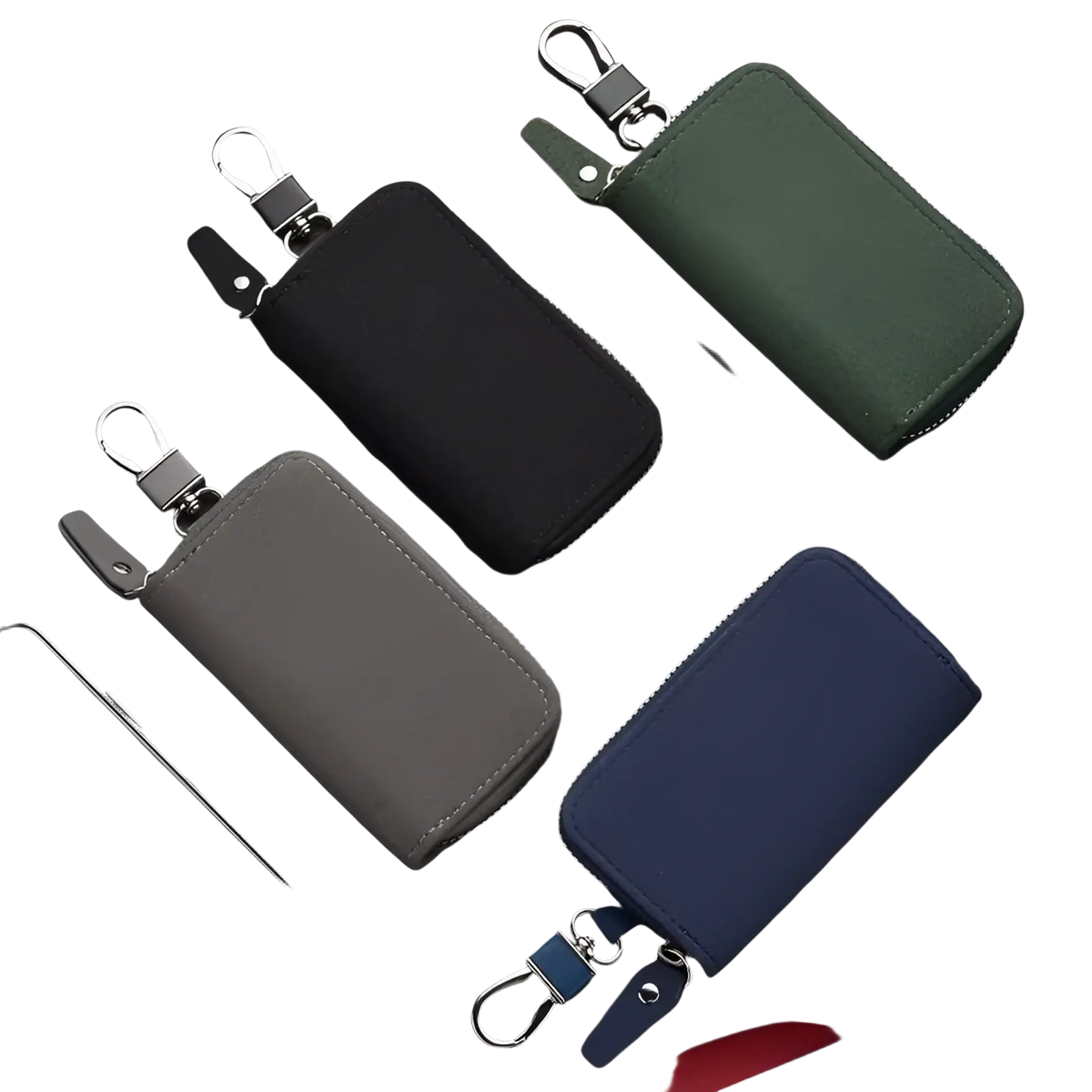 Leather key holder organizer pouch in black gray green or navy blue fabric with zipper closure and metal carabiner clip