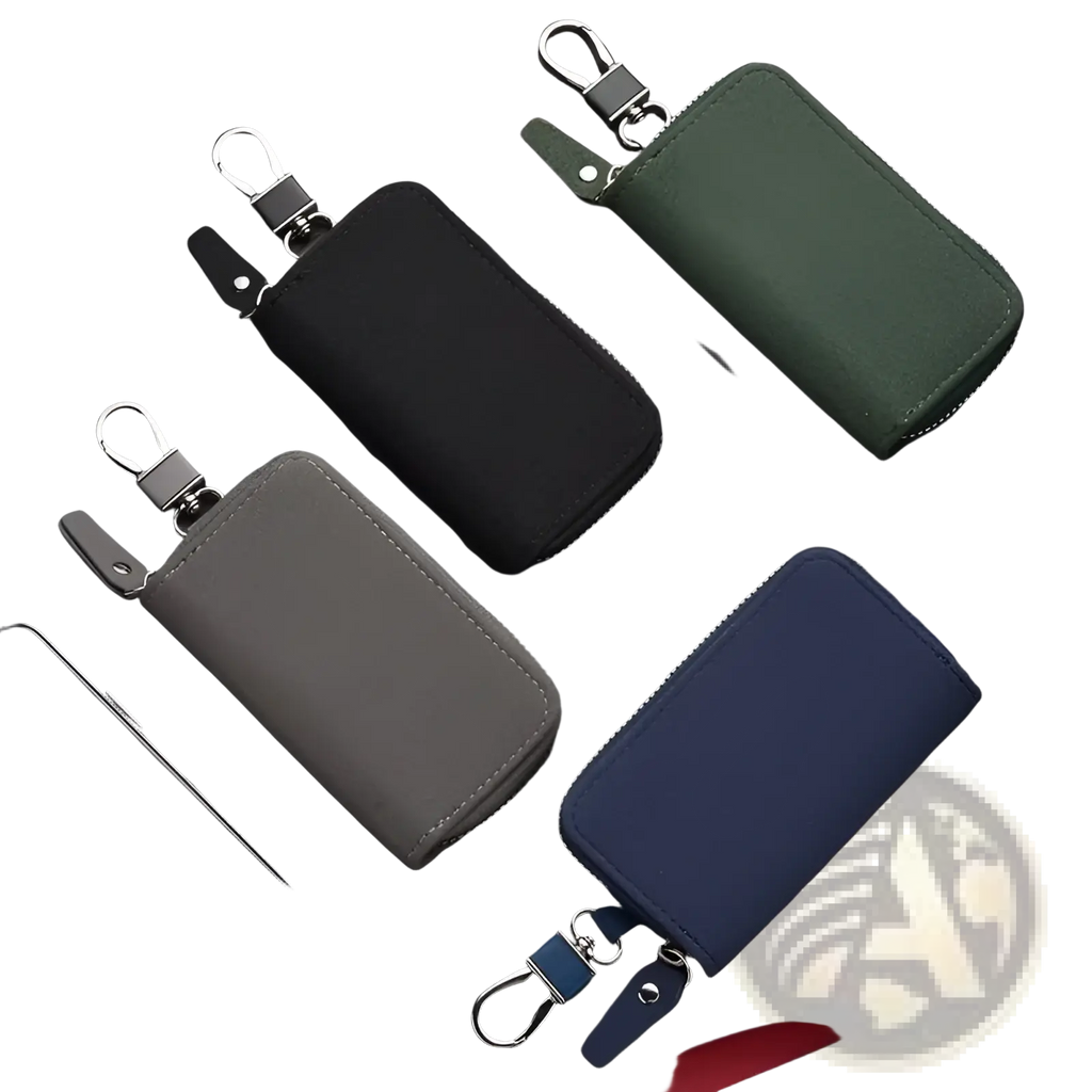 Leather key holder organizer pouch in black gray green or navy blue fabric with zipper closure and metal carabiner clip