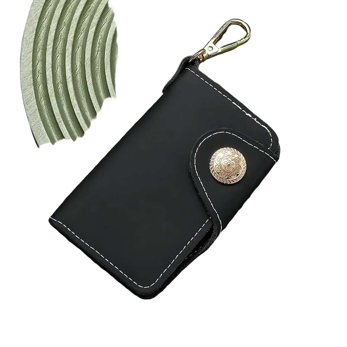 Black leather key pouch wallet with white stitching and gold toned ornate button closure for card holding