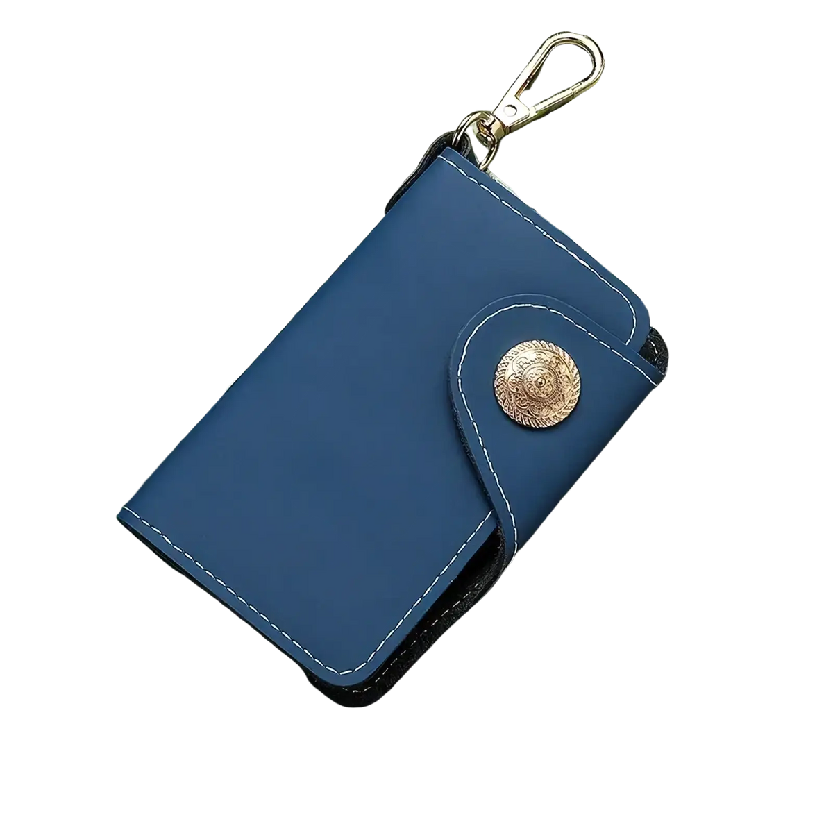 Blue leather key pouch wallet with card holder featuring gold-toned ornate button and silver-tone metal clasp