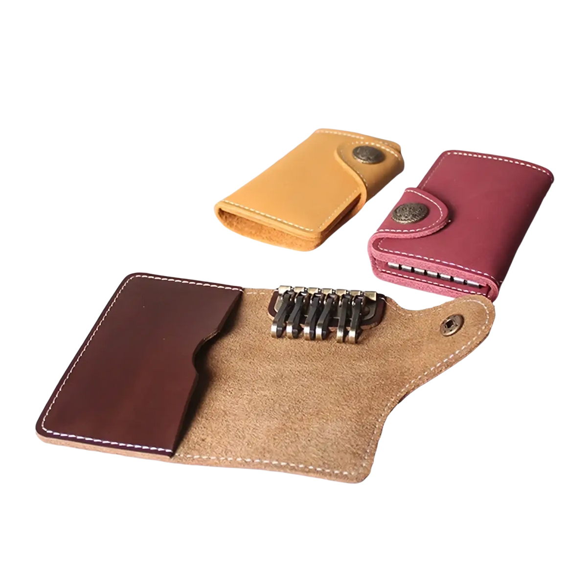 Brown leather key pouch wallet with tan suede interior white stitching and metal ring system for holding keys