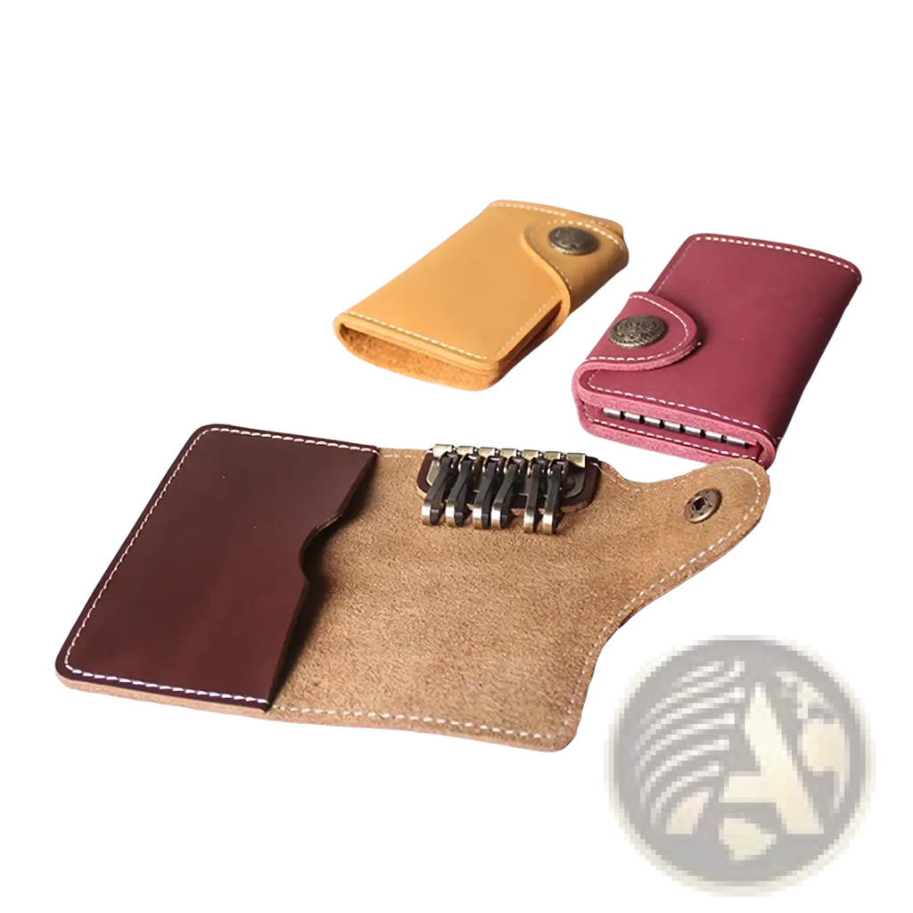 Brown leather key pouch wallet with tan suede interior white stitching and metal ring system for holding keys