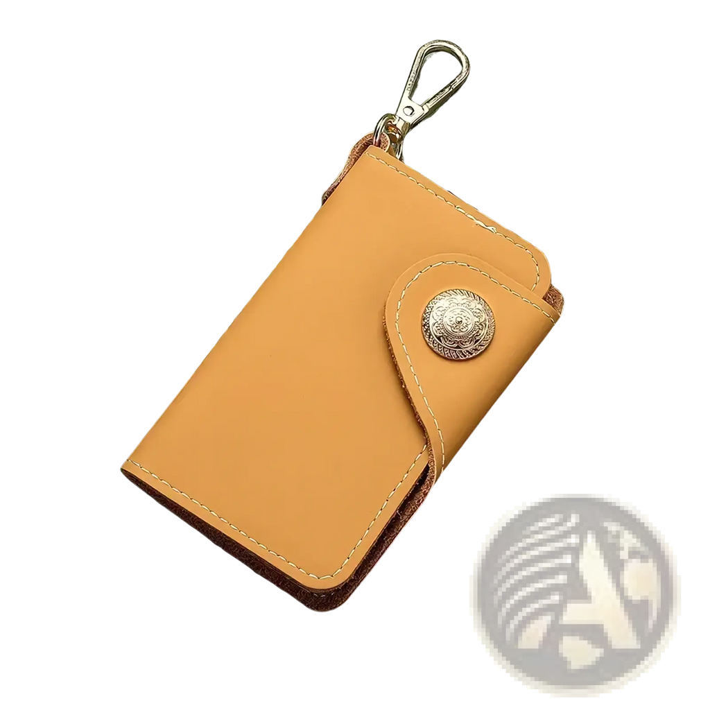 Tan leather key pouch wallet with card holder featuring a silver ornate button and metal clasp keychain