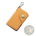 Tan leather key pouch wallet with card holder featuring a silver ornate button and metal clasp keychain