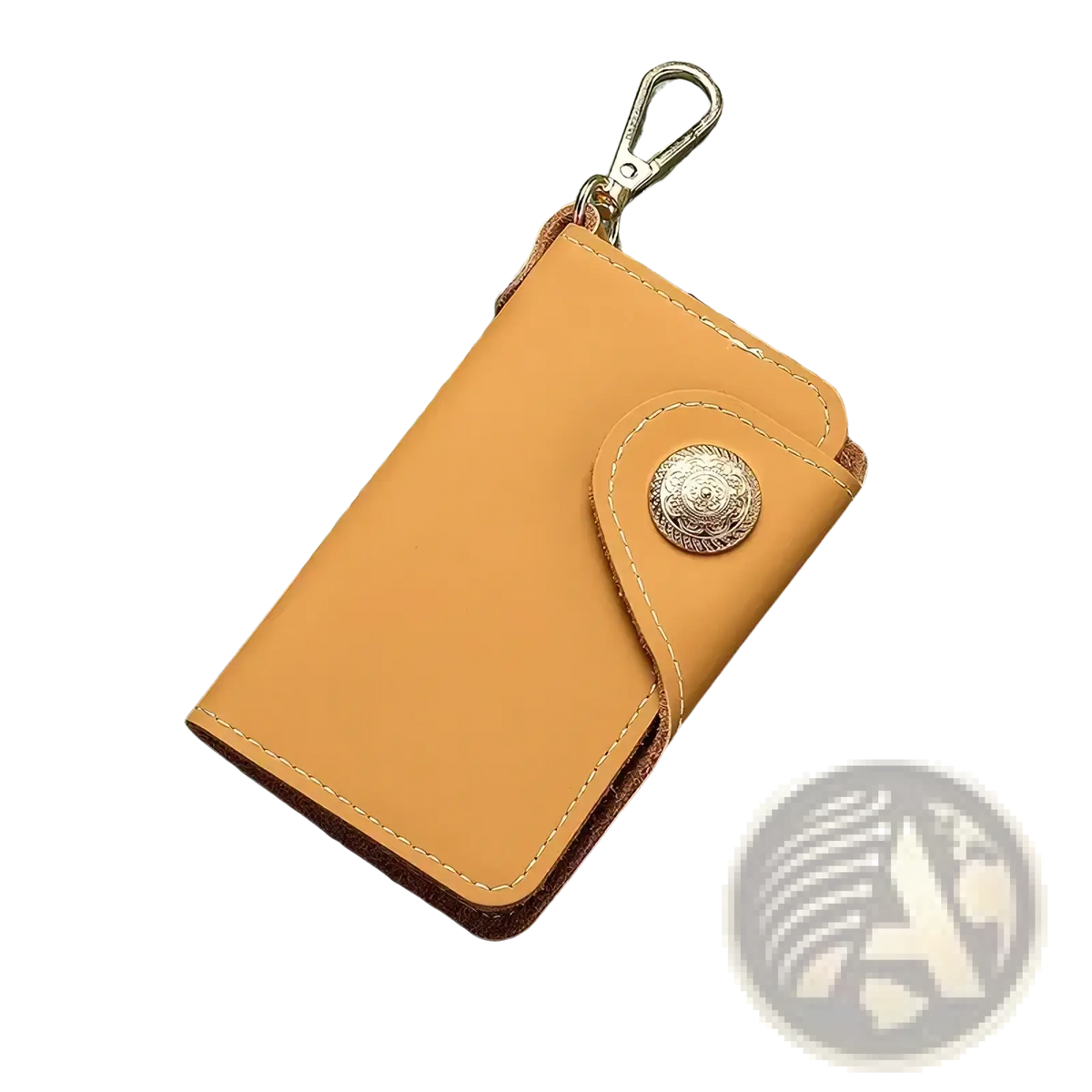 Tan leather key pouch wallet with card holder featuring a silver ornate button and metal clasp keychain