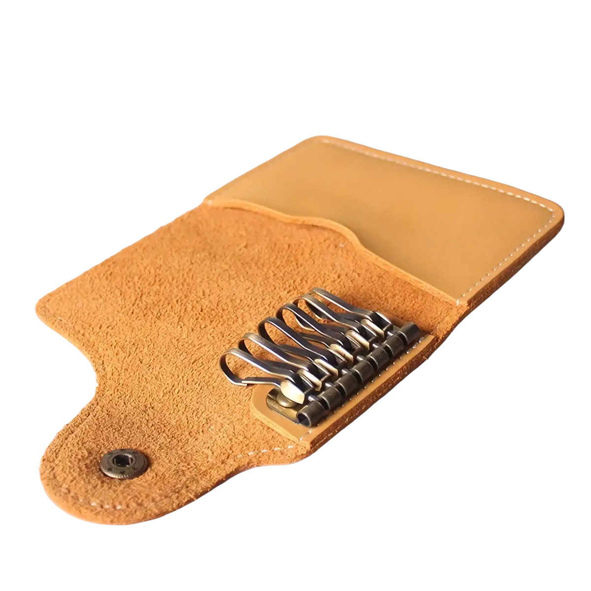Tan leather key pouch wallet with six metallic hooks and snap button closure for organized key storage