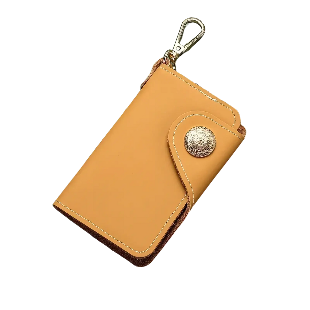 Tan leather key pouch wallet with card holder featuring a silver ornate button and metal clasp keychain